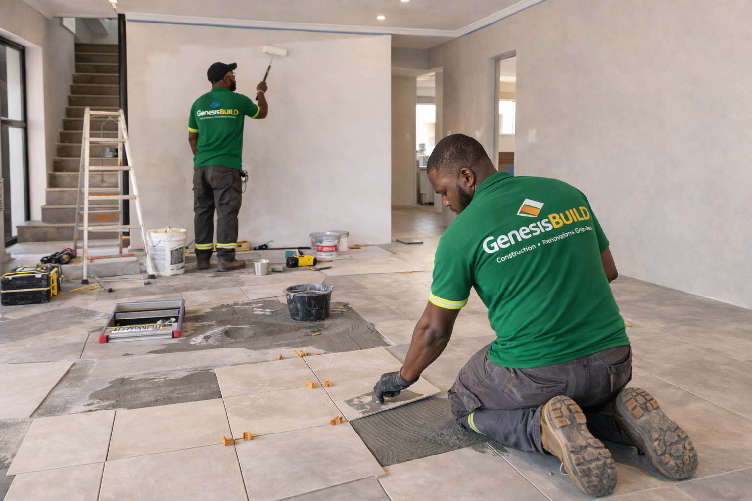 Builders renovating a home interior.
