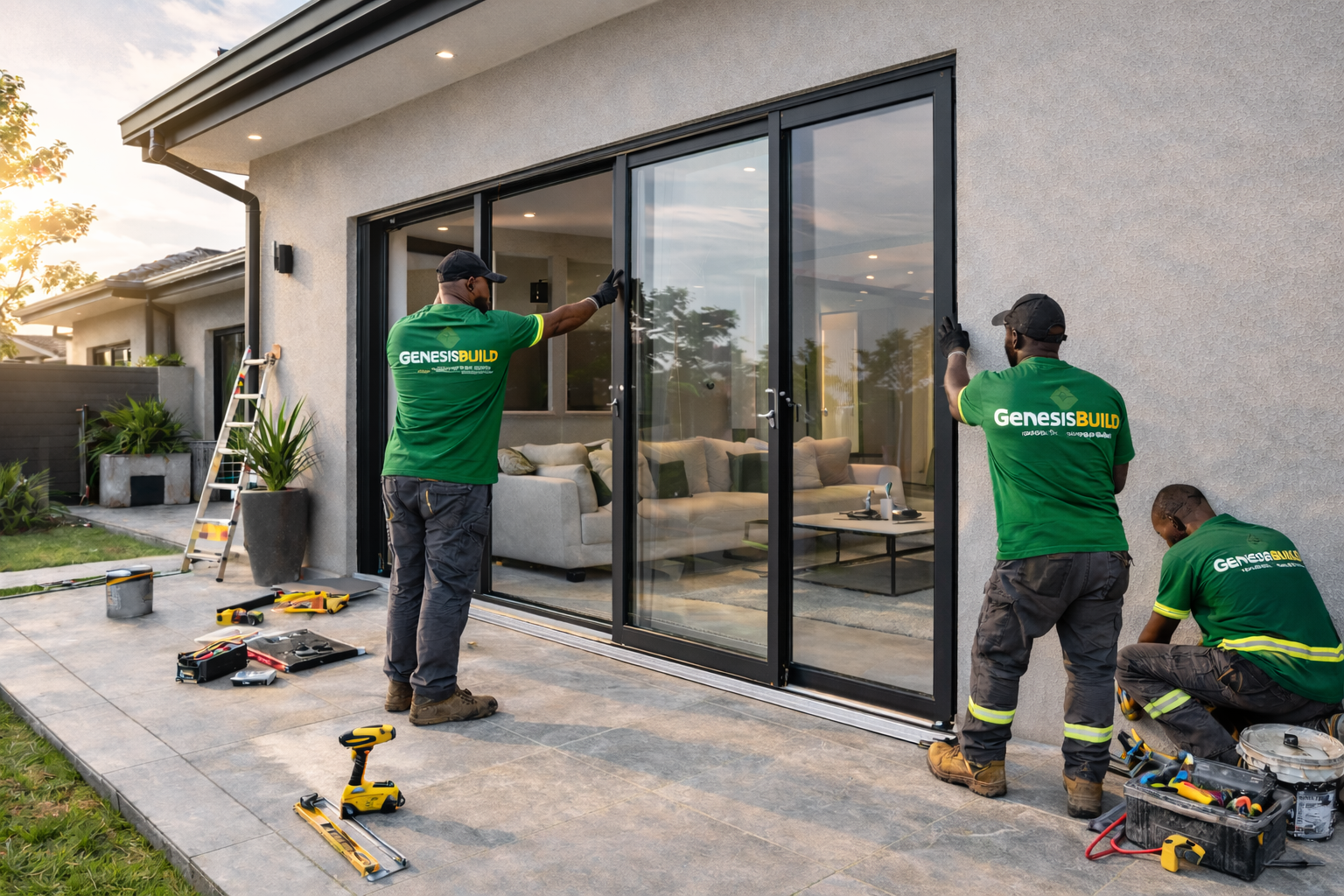 Workers installing aluminium sliding doors